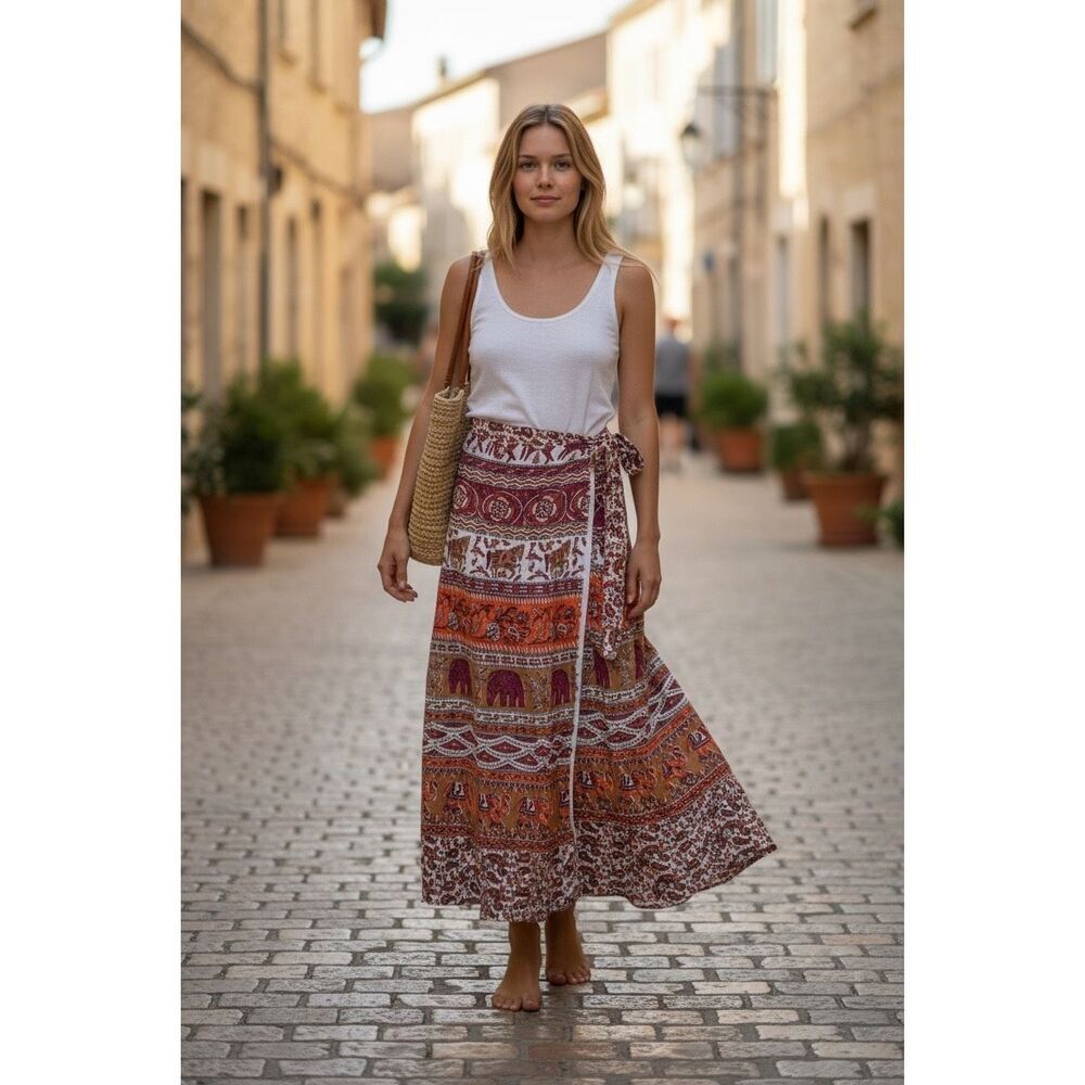 Tribal Indian Elephant Print Midi Wrap Tie Skirt Sarong